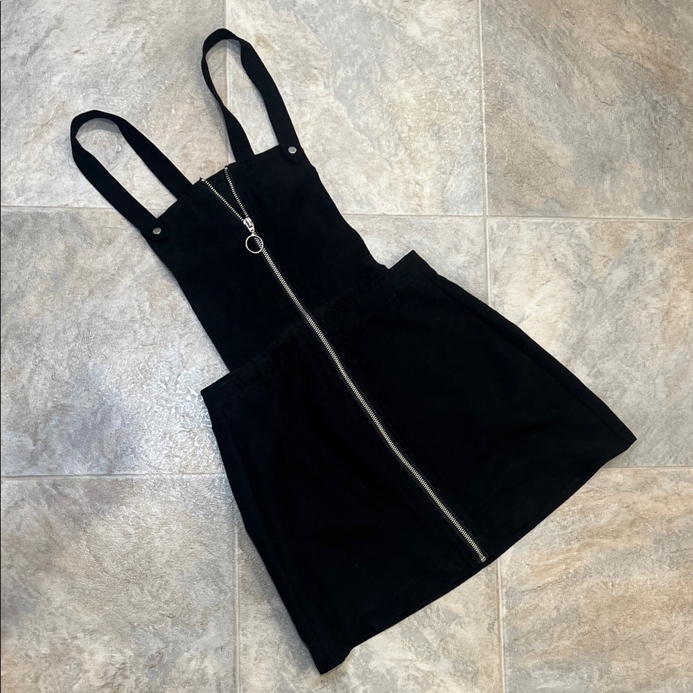 Divided Black Suede Mini Dress with Zipper Detail